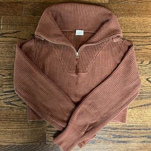 Varley Mentone Half-Zip Cropped Brown Sweater